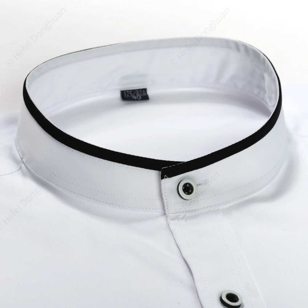 Mens Color Matching Long Sleeve Mandarin Collar Shirt Patch Chest Pocket Regular-fit Dress Shirts For Business ActivitiesXJ24113