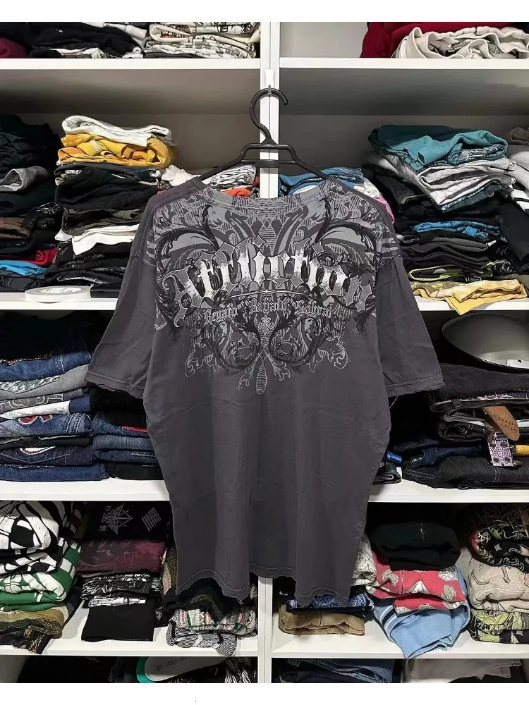 2024 American Retro Skull Vintage Harajuku Hiphop Round Neck Oversized Tshirt Men And Women Y2K Gothic Tops Streetwear 240402