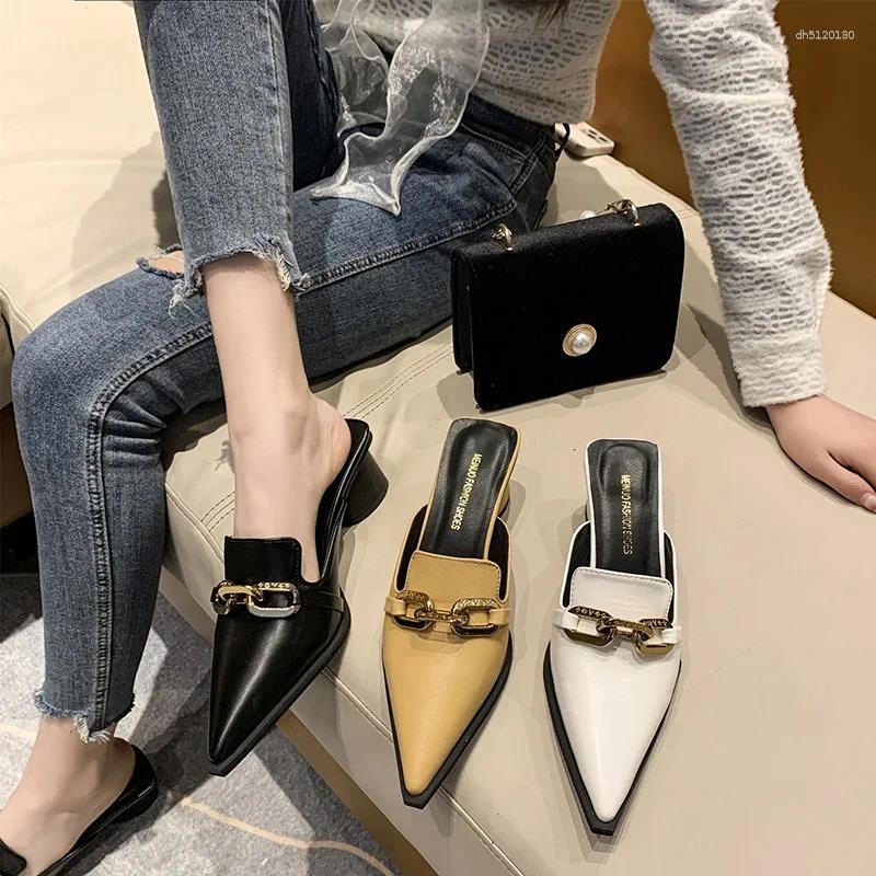 Slippers Summer Women Black High Heels Close Toe Block Mules Designer Slip On Loafers Slides Party Shoes