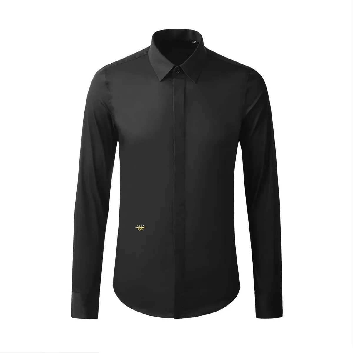 High End Gold Bee Embroidered Business Shirts Mens Solid Color Long Sleeved Banquet Party Shirt Versatile Casual White TopsXJ24113