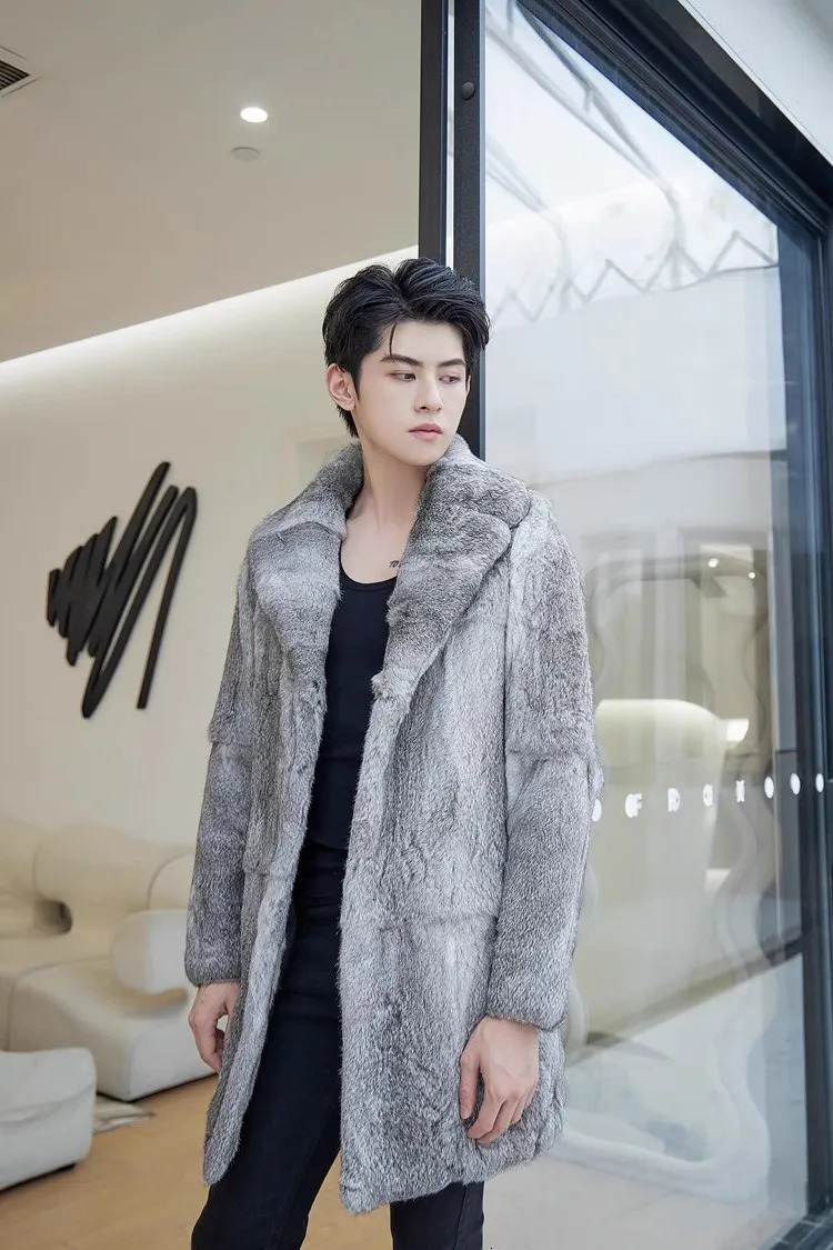 Gennie Natural Rabbit Fur Coat for Men with British Collar Long Fashion Jacket for Warmth Customized in Winter Any Size 241113