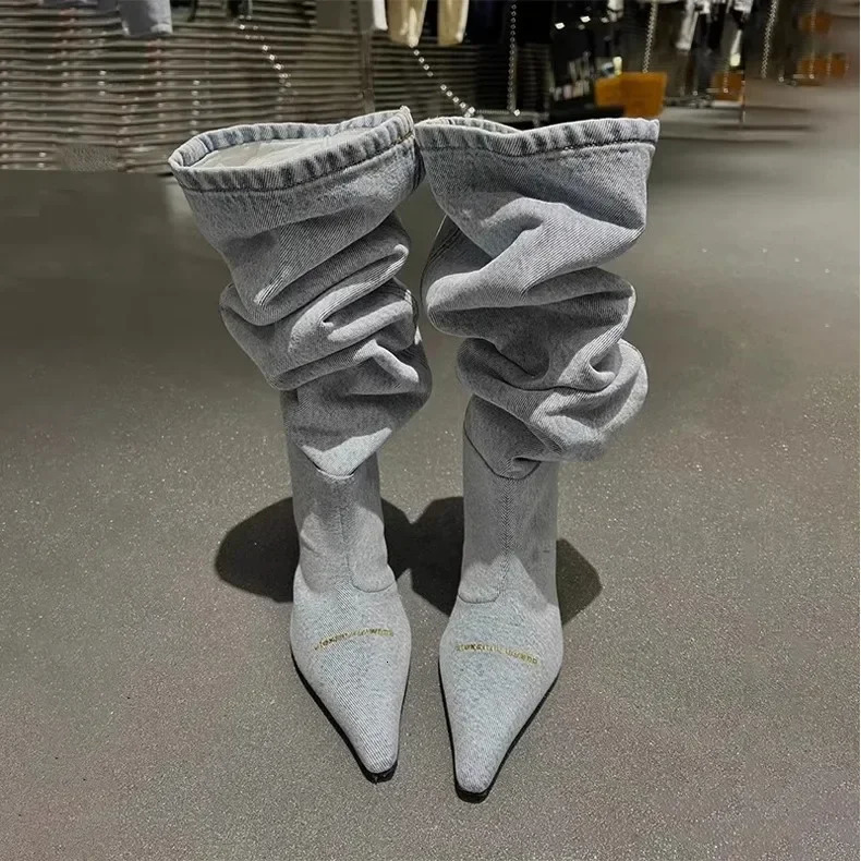 Denim Cowboy Boots For Women Fashion Slip On Long Boots Female Square Heel Autumn Winter Boots Shoes 241113
