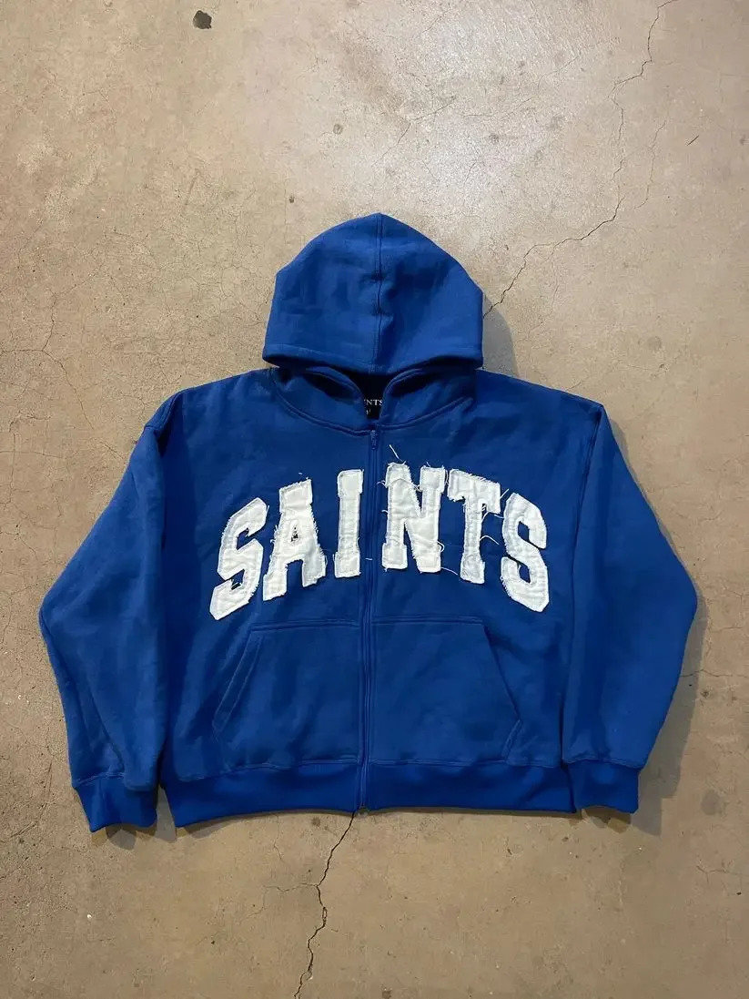 Y2K Blue Retro Cross Patchwork Loose Hoodies SAINTS Sweatshirt Fashion Oversized Zip Up Hoodie Men Streetwear Women Clothing 241112