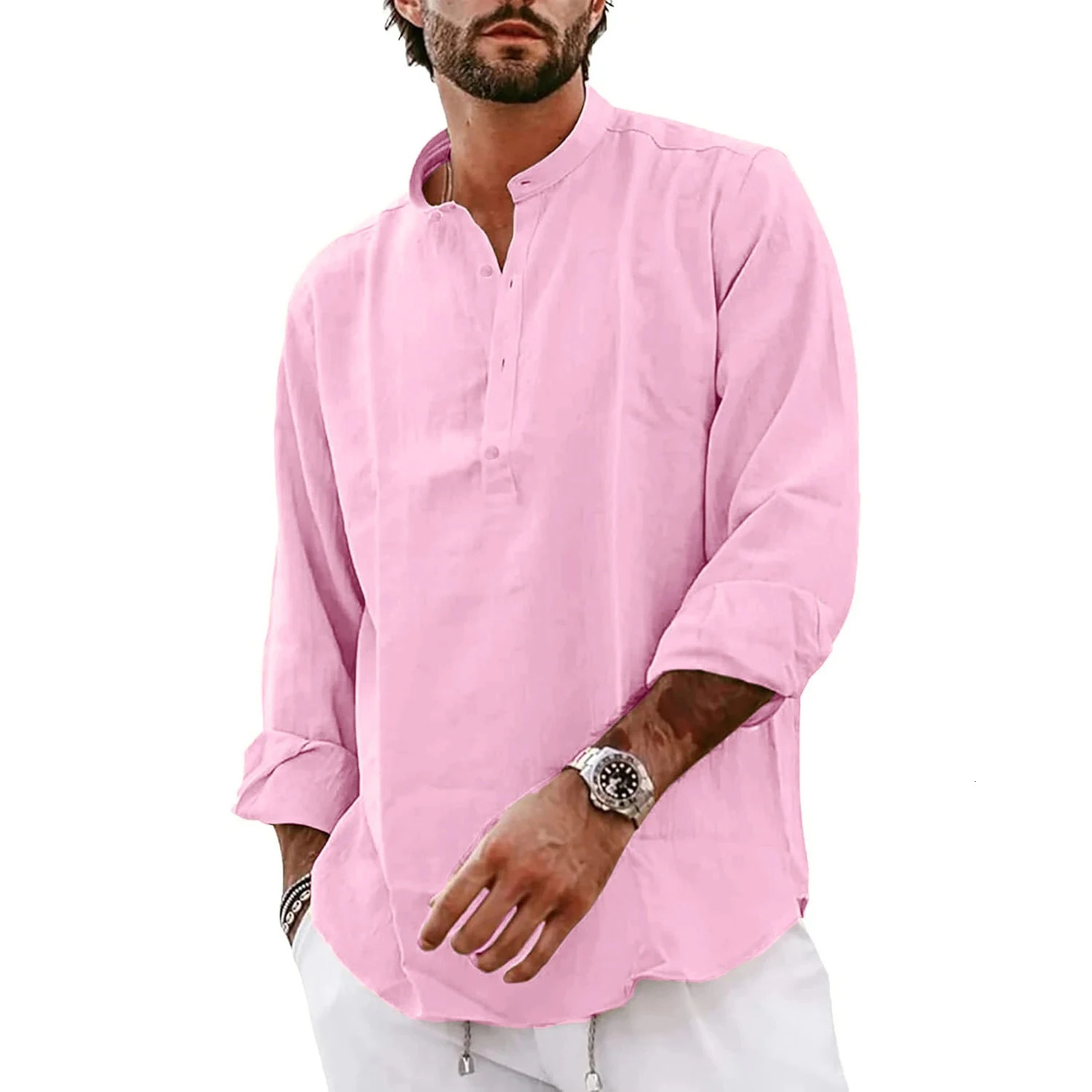 Mens Long Sleeve Cotton TShirts Lightweight Streetwear Henley Linen Shirts for Men Breathable Oversized Solid Color Tops 241108