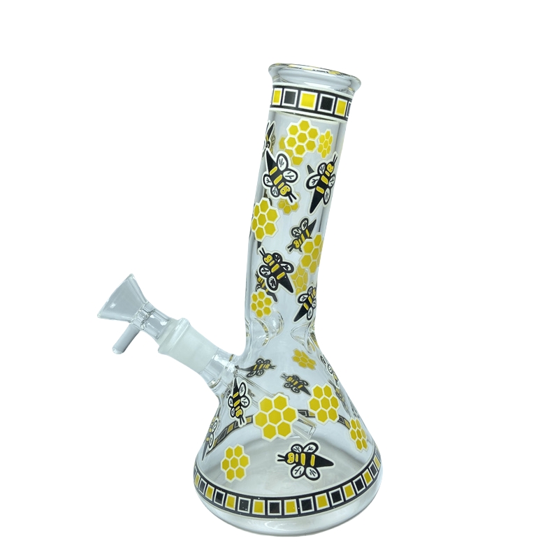 8 Inch Glass Water Bong Tobacco Pipe Glow in Dark Yellow Bee Sticker Beaker with 14mm Male Bowl and stem