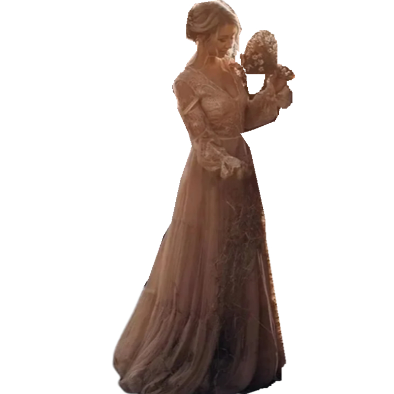 Vintage Country Western Wedding Dresses A Line Lace Appliques Flare Long Sleeves Boho Bridal Gowns Hippie Style Bride Dress V-Neck Robe De Mariee 2024