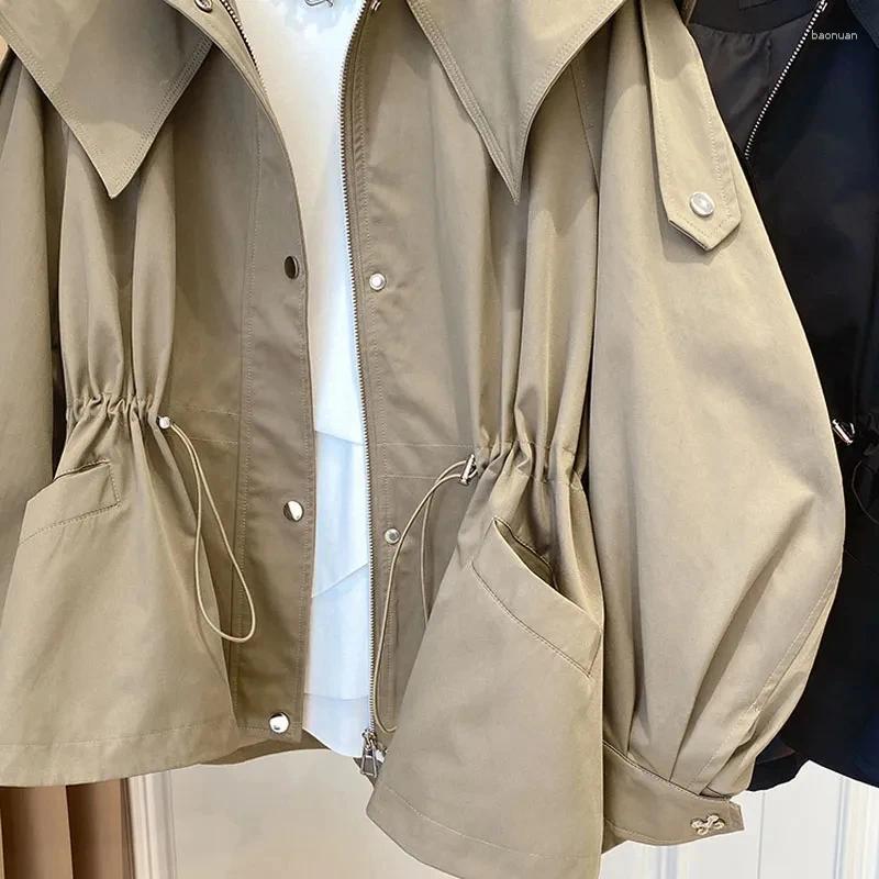Women's Jackets Spring Autumn Oversized Casual Waterproof Khaki Windbreaker Women Long Sleeve Hood Drawstring Zipper Jacket