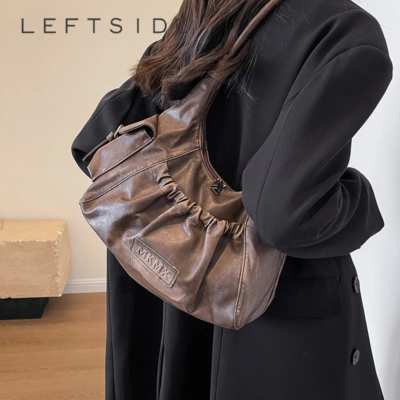 LEFTSIDE Retro Leather Shoulder Bags for Women Winter Vintage Underarm Bag Handbags and Purses Latest Fashion Hand Bag 241114