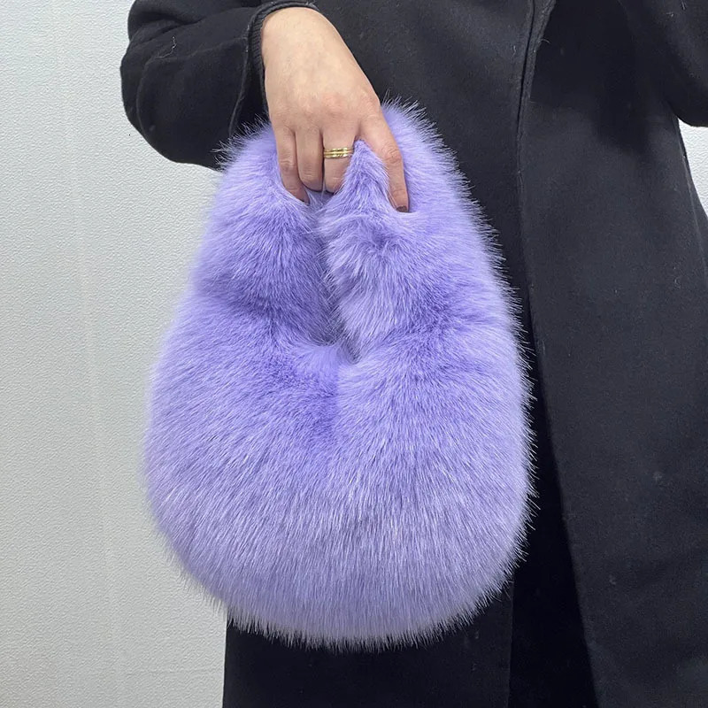 Fashion Soft Plush Half Moon Bags for Women er Fluffy Faux Fur Lady Handbags Small Tote Female Winter Purses 241114