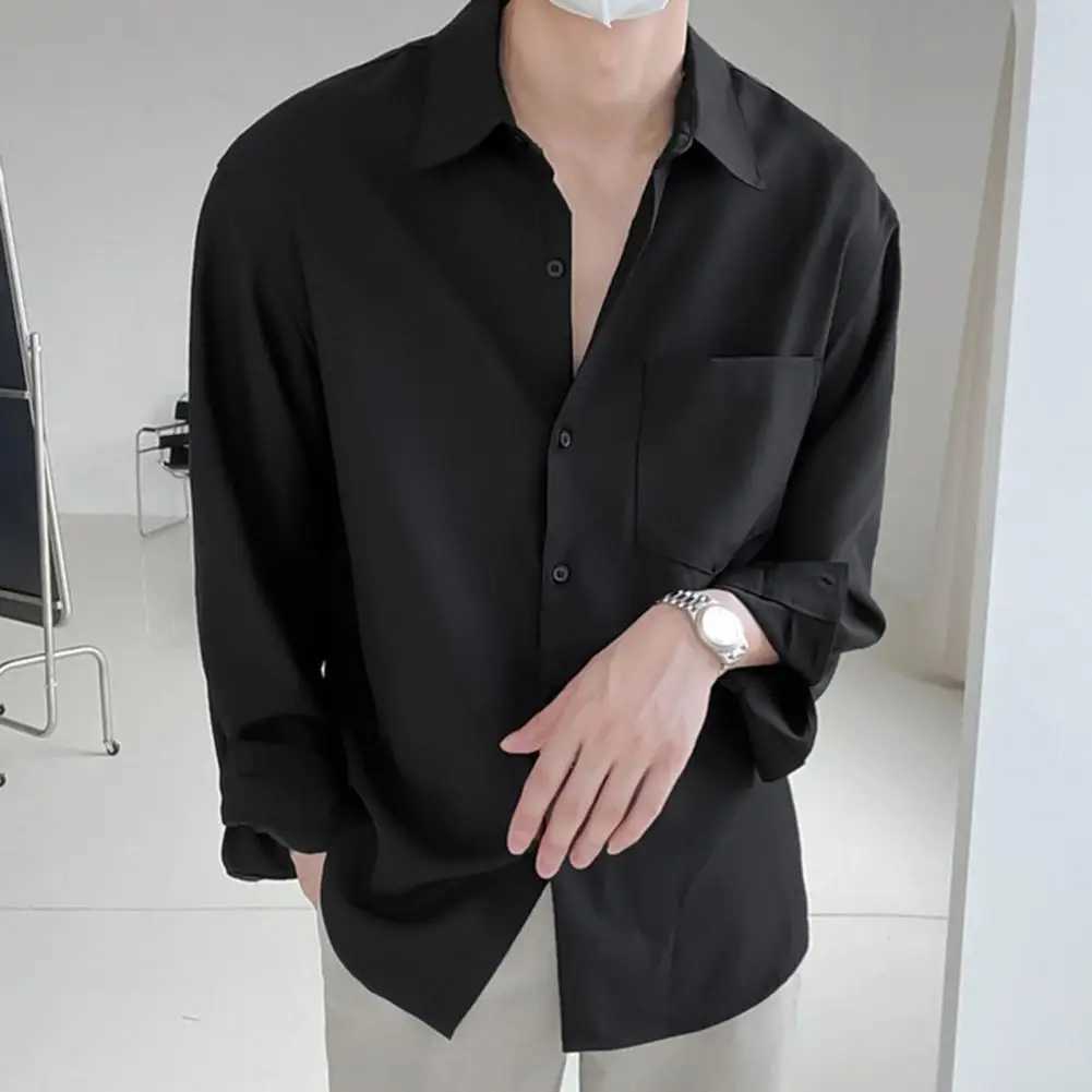Casual Men Lapel Long Sleeve Single-breasted Patch Pocket Draped Men Shirt Slim Fit Solid Color Business Dress Shirt TopXJ24113