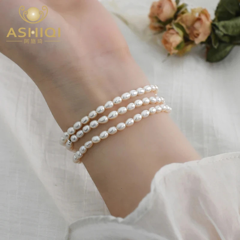 ASHIQI Real Natural Freshwater Rice Pearl Bracelet 925 Silver Bead Elastic Rope Jewelry 241113