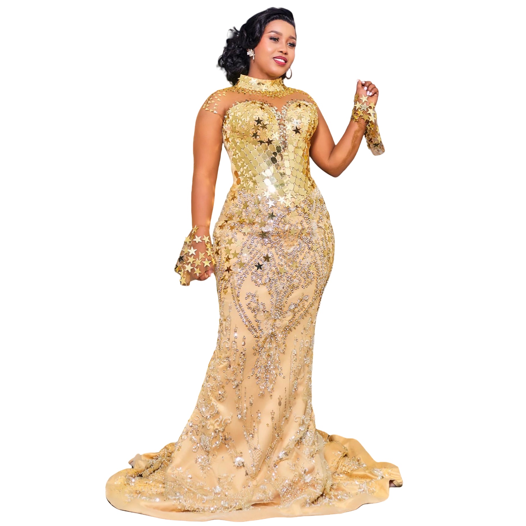 2024 Plus Size Gold Illusion Mermaid Prom Dresses For Special Occasions Sequined Crystals Beaded Evening Party Birthday Gowns Dress For Women Vestidos