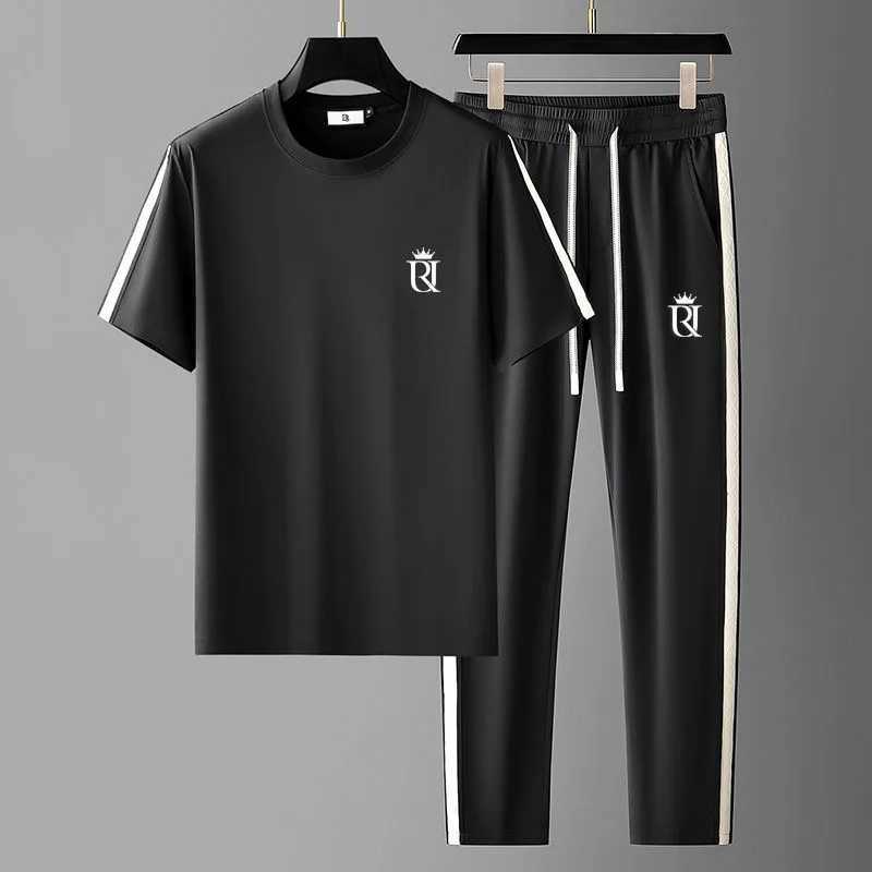 Mens 2024 Summer New Fashion Trend Ice Silk Sportswear Mens Casual Relaxation Comfortable Breathable Large Size Two Piece Set L-4XL X241113