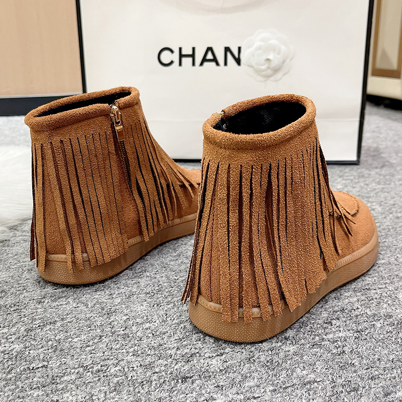 Winter women's new tassel boots, short leg side zipper low heel sponge sole, thick suede women's shoes