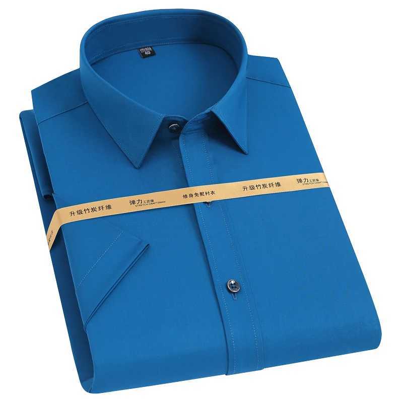 Summer Short Sleeve Mens Slight Strech Bamboo Fiber Shirts Without Pocket Standard-fit Formal Business Solid Basic Dress ShirtXJ24113