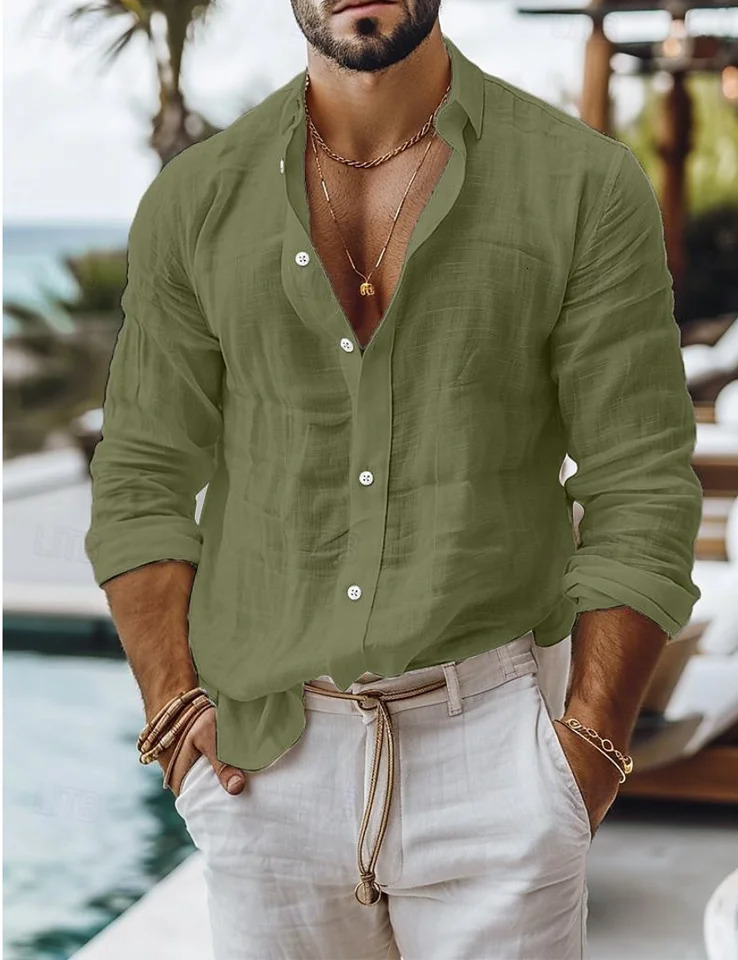 Mens cotton linen shirt with buttons summer beach shirt with long sleeves plain weave collar spring and summer casual Japanese clothing 241113