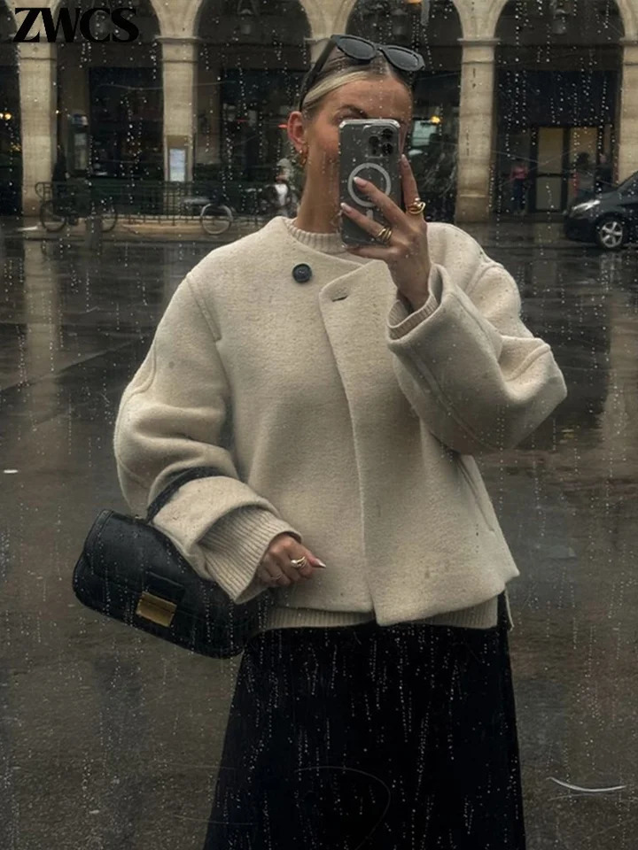 Elegant Short Woolen Coat Loose One Button Oneck Long Sleeve Jackets 2024 Autumn Winter Female Chic Streetwear 241113
