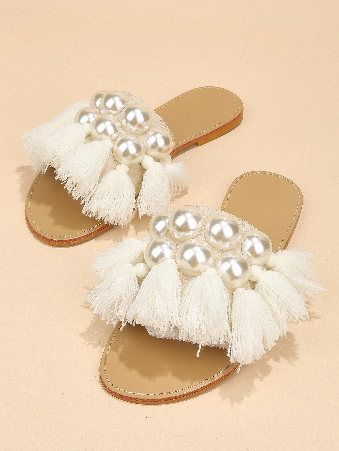 White fur pearl rhinestone home shoes vacation slippers 241113
