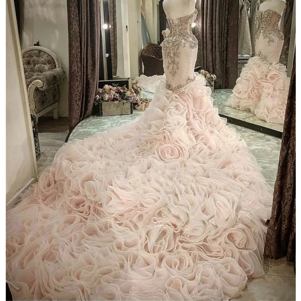 Pink Puffy Mermaid Wedding Dresses Sweethear Strapless Lace Appliques Boho Beach Princess Bridal Gowns Vestidos De Novias Plus Size