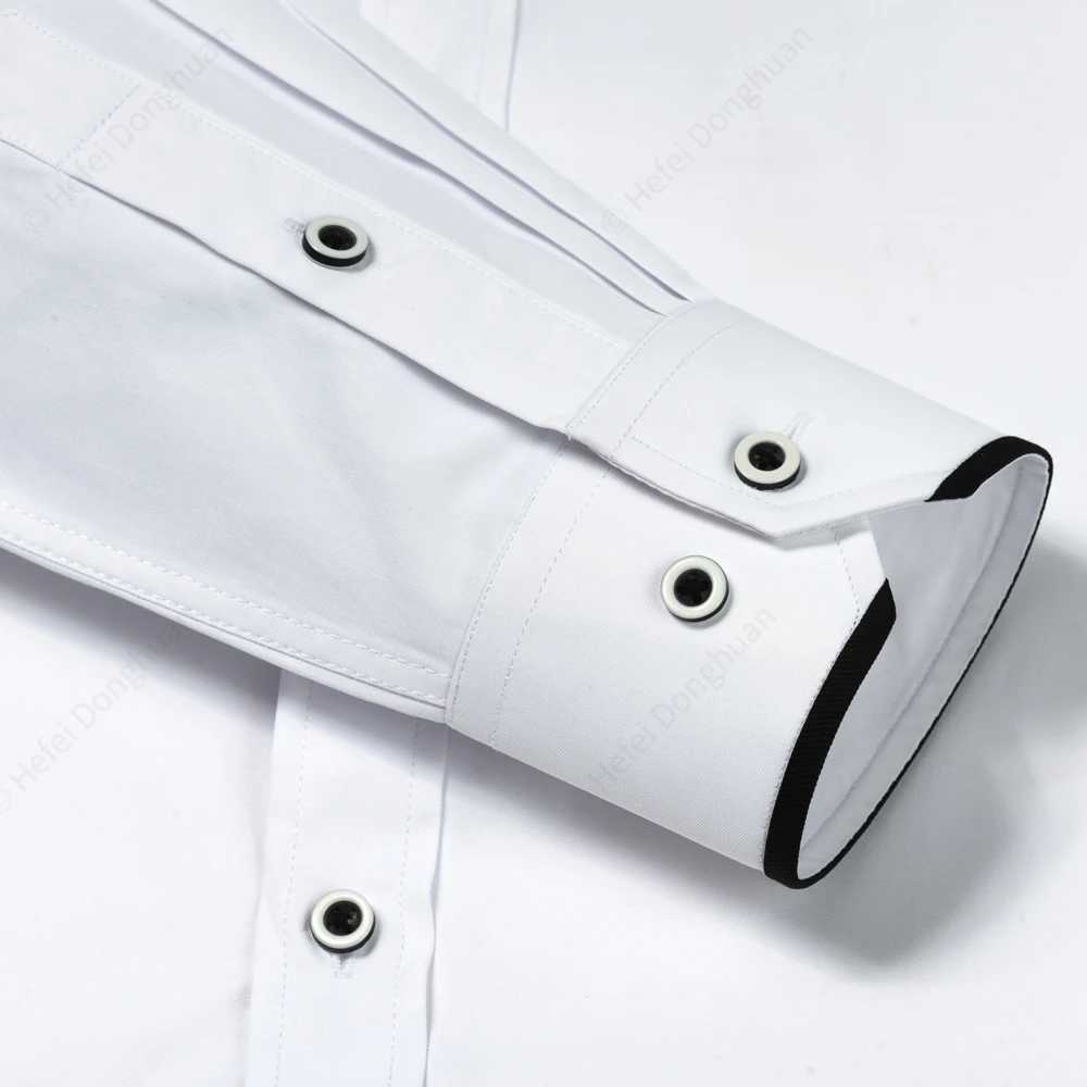 Mens Color Matching Long Sleeve Mandarin Collar Shirt Patch Chest Pocket Regular-fit Dress Shirts For Business ActivitiesXJ24113