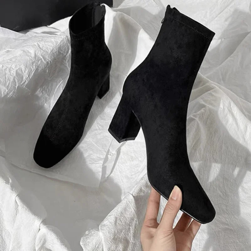High heels womens suede ankle boots winter er square toe womens 2024 trend walking shoes pump comfortable snow Bottas 241113