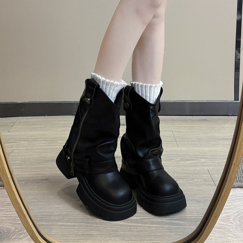 Women's Boots:Thick Chunky Heel Retro Style Thick Sole Increase Height Martin Boots Versatile,Black/Brown,Free shipping 6933