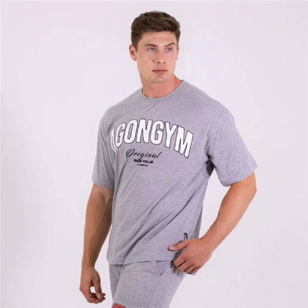 Men Oversized T-shirt Gym Fitness Loose Comfortable Sports Tees Summer Cotton Short Sleeves Top Bodybuilding Workout Shirts 240412
