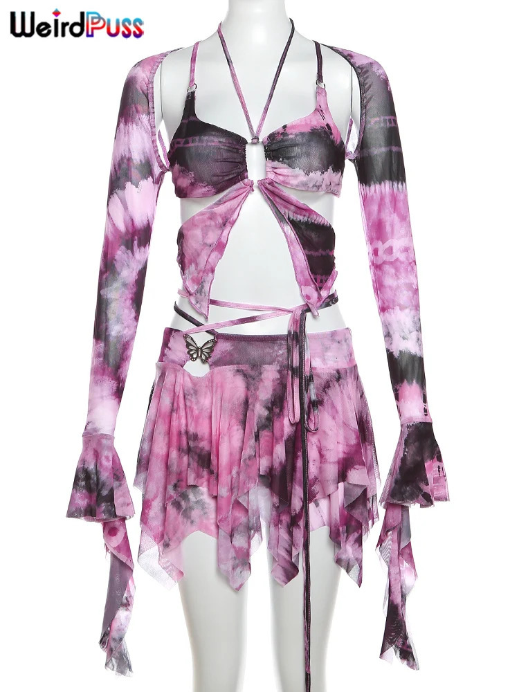 Weird Puss Sweet Women 3 Piece Set Sexy Tie Dye Print Irregular Butterfly CamisoleCrop TopsSkirts Matching Streetwear Outfits 240403Z