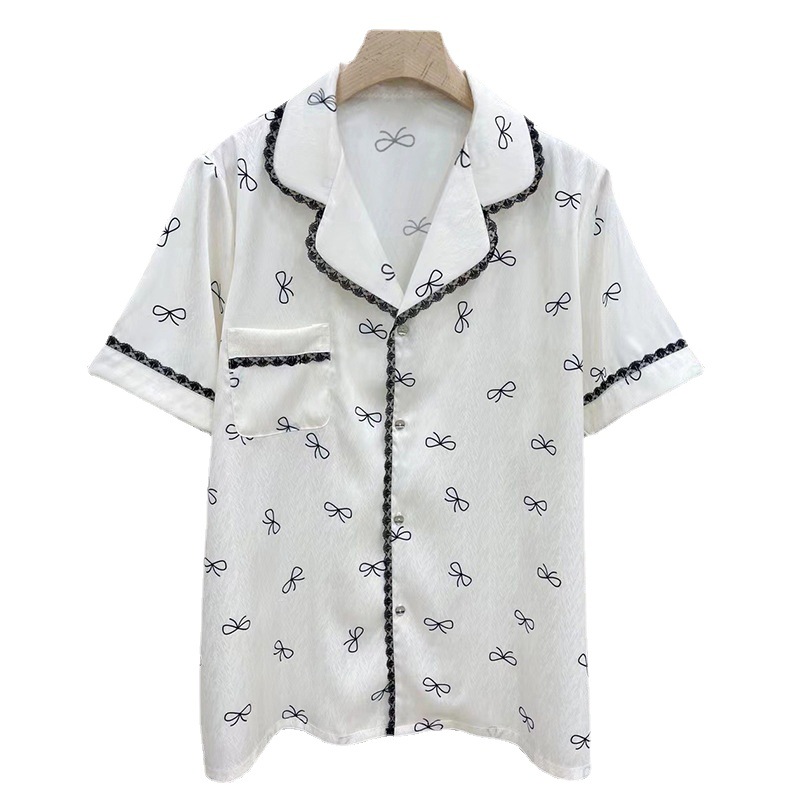 Women's Pajamas Sets Spring Summer 2 Piece Bow Print Pyjama Faux Silk Satin Sleepwear Short Sleeve Pijama Mujer Pjs Homewear