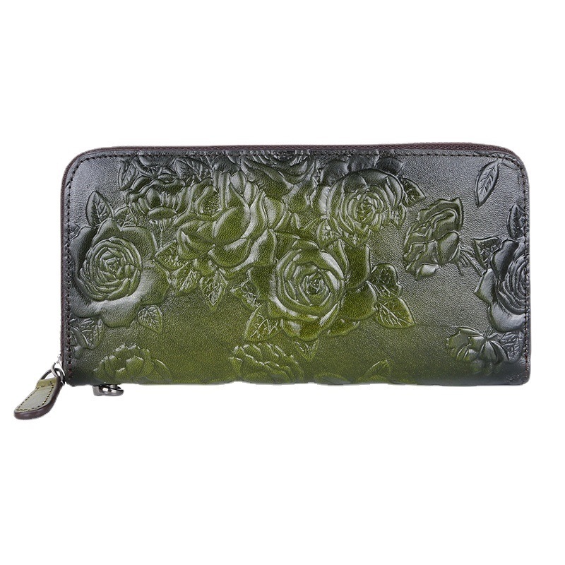 Designer's new cowhide style long women's handbag with fashionable multi slot embossed color zipper bag