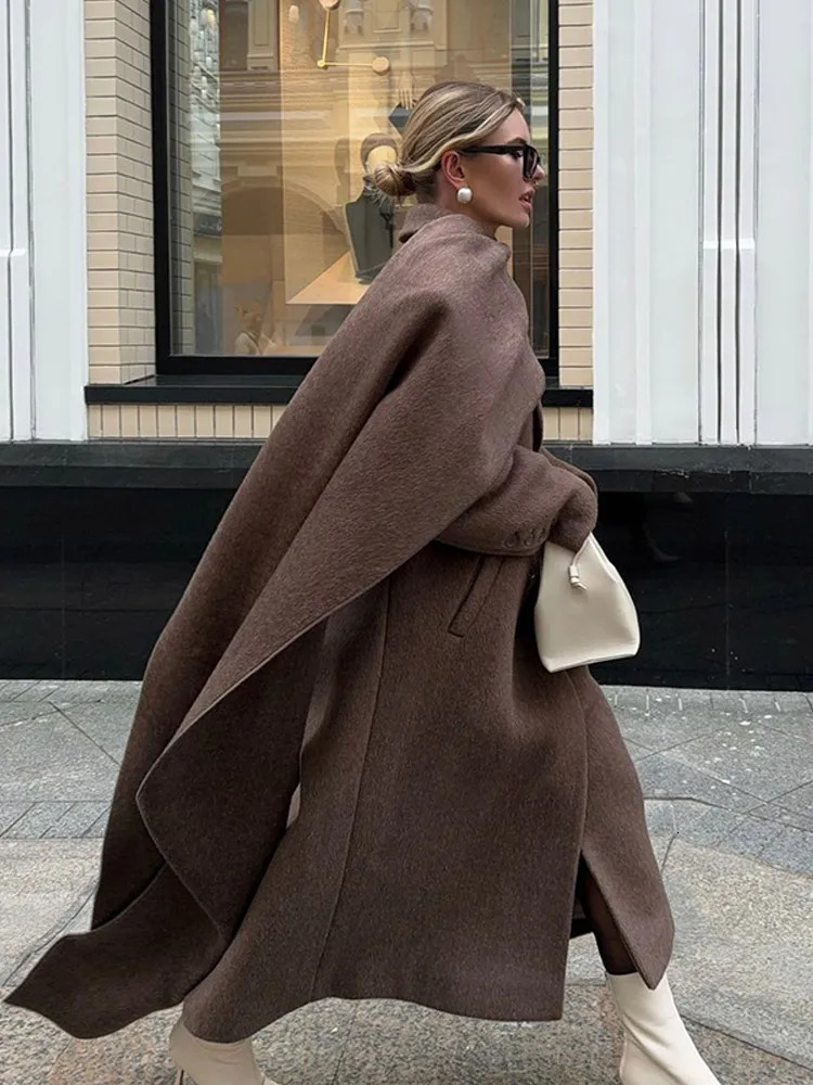 Fashion Oversized Full Sleeve Big Scarf Collar Women Overcoat Elegant Solid Pocket Double Breasted Coat Lady 2024 Commuting Wear 241113