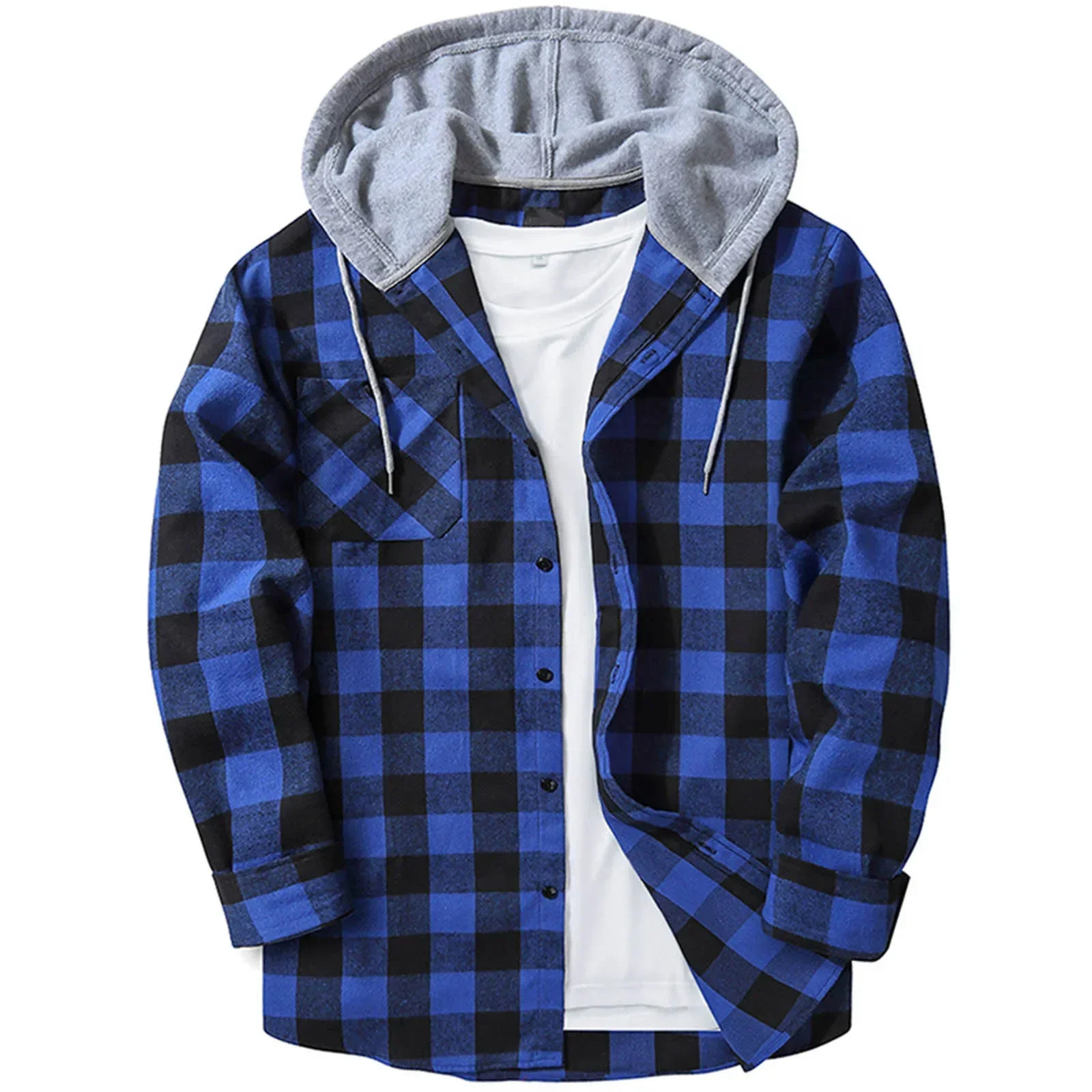 Spring and autumn casual loose mens plain weave shirt long sleeved single chest hoodie flannel cardigan mens jacket top 241113