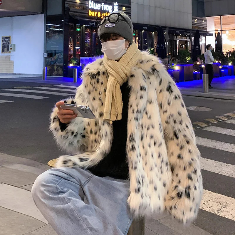 Autumn and winter ultra thick warm color printed fluffy synthetic fur leather jacket long sleeved loose casual synthetic jacket for men F67 241113