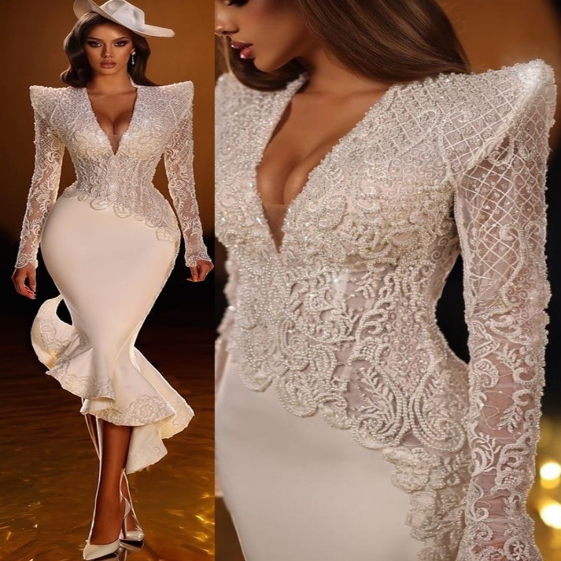 2024 arabic aso ebi plus size ivory illusion mermaid wedding dresses lace beaded deep vneck full sleeves satin bridal gowns dress for bride