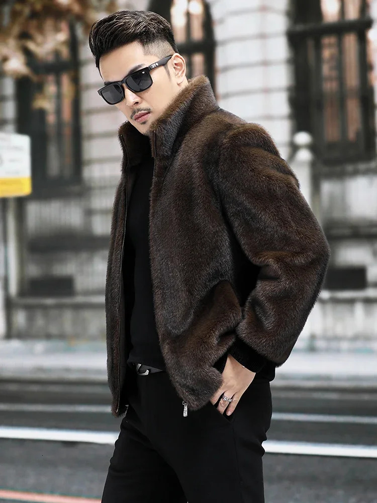 Mens thick warm leather jacket for autumn and winter mens short sleeved stand up collar jacket mens natural mink coat P519 241113