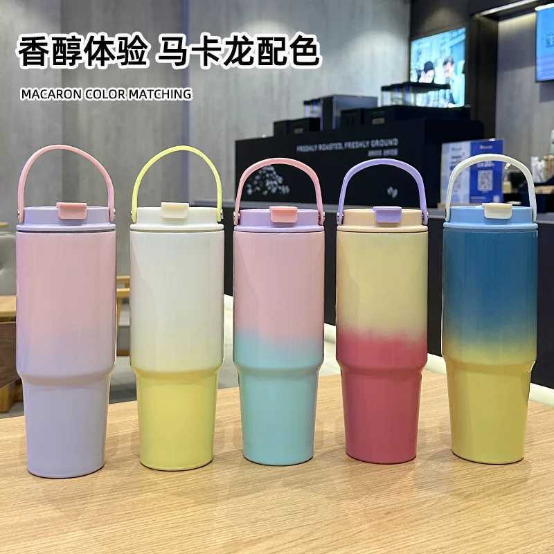 New stainless steel inflatable cup with vacuum thickened gradient color water cup large capacity portable car cup Y241114