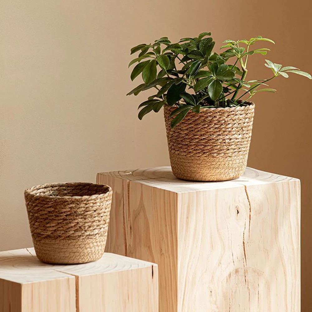 Straw Weaving Flower Plant Pot Wicker Basket Rattan Flowerpot Storage Basket Garden Flowerpot Handmade Woven Planter Basket 240409