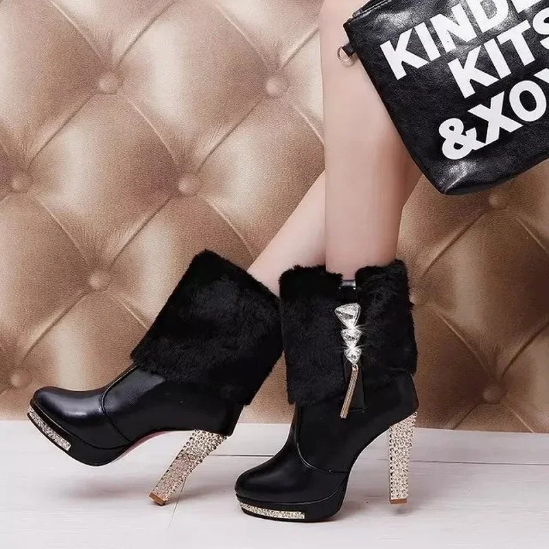 Winter boots womens shoes winter ankle boots waterproof platform womens shoes fashionable rhinestone high heels 241113