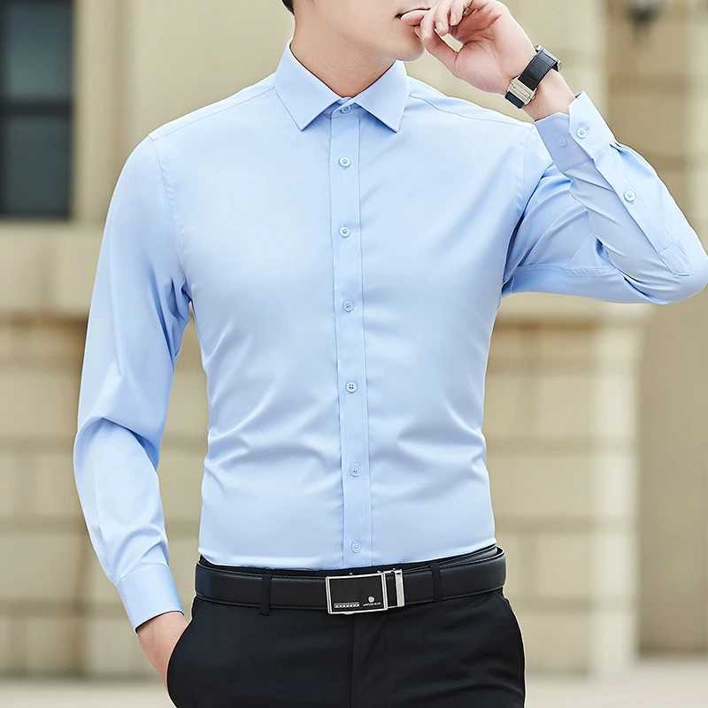 New Men Solid Color Business Shirt Fashion Classic Basic Casual Slim White Long Sleeve Shirt Brand Top Plus SizeXJ24113