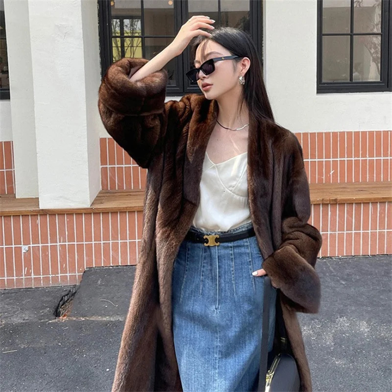 Womens winter jacket V-neck loose and fashionable warm mink fur womens jacket casual long style park brown 241113