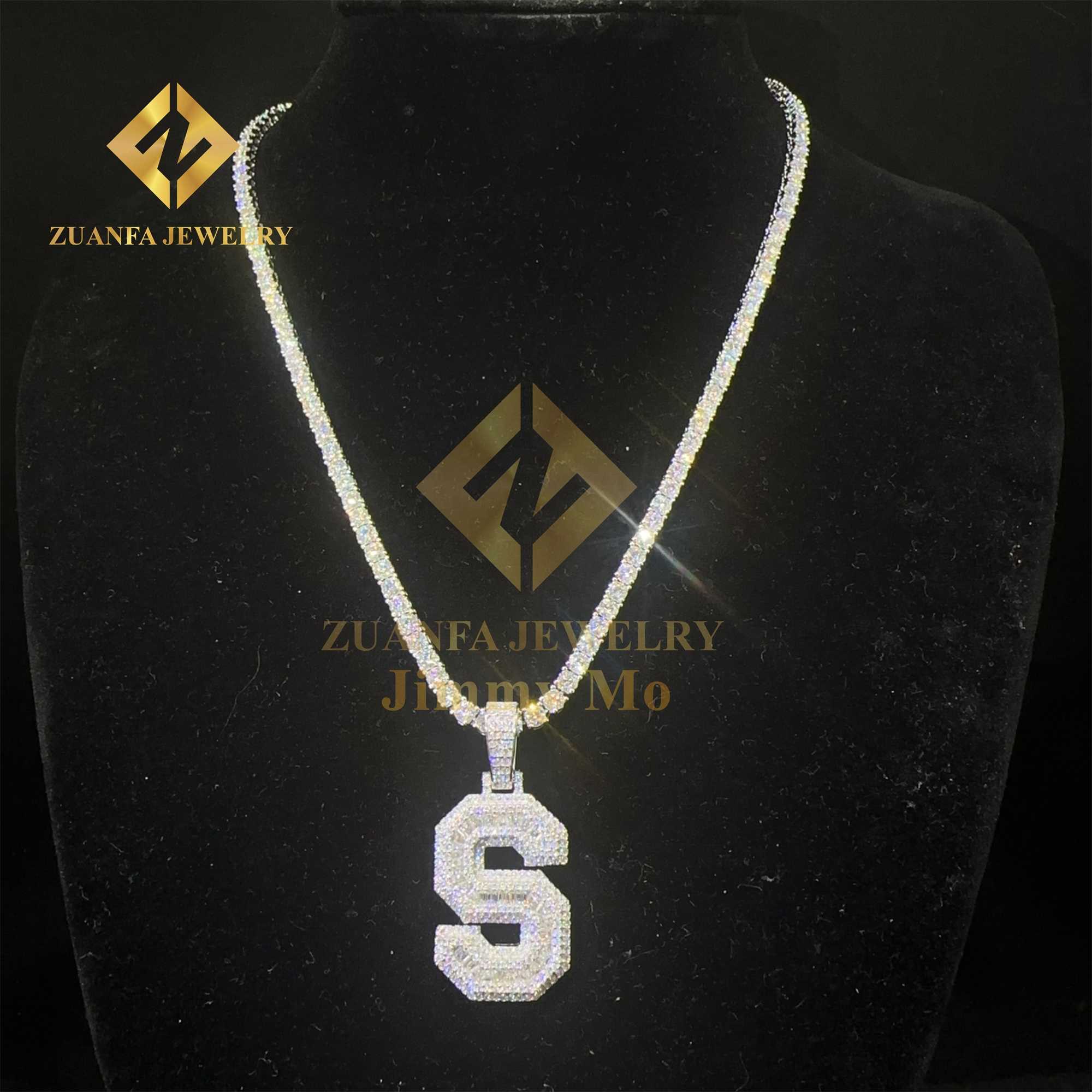 Fashion Hip Hop Jewelry Drop Shipping 925 Solid Silver VVS1 Baguette Moissanite Diamond A-Z Initial Letter Pendant Necklace Men