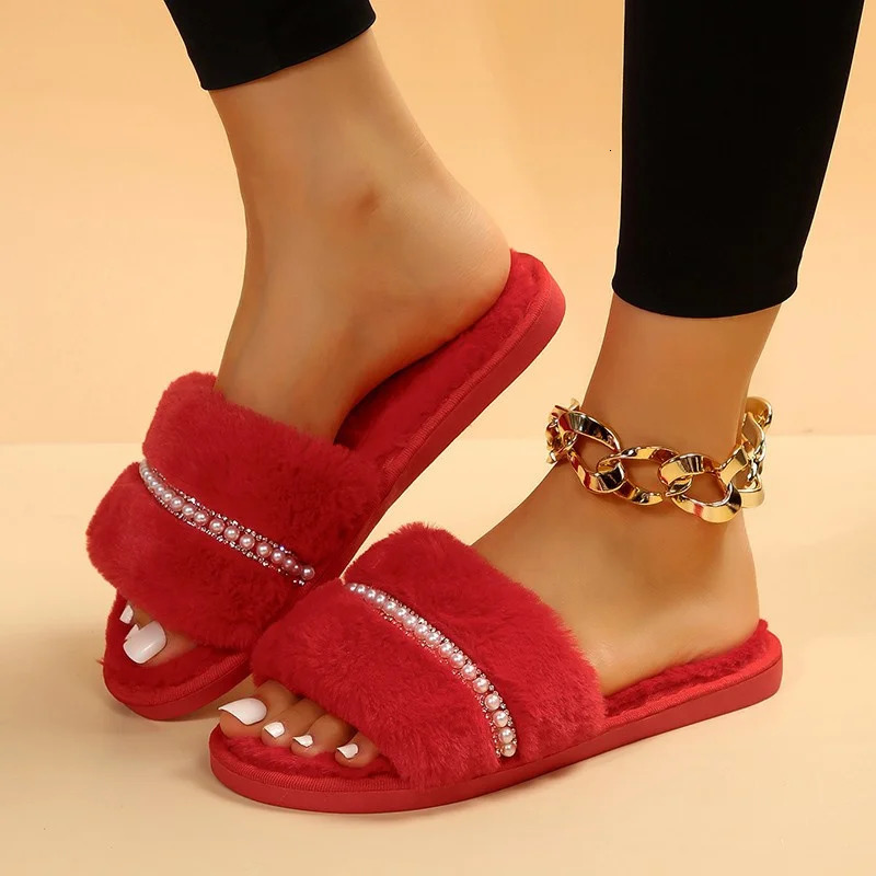 womens home slider fashion shiny rhinestone open shoelace indoor winter smooth casual indoor womens shoes 241113