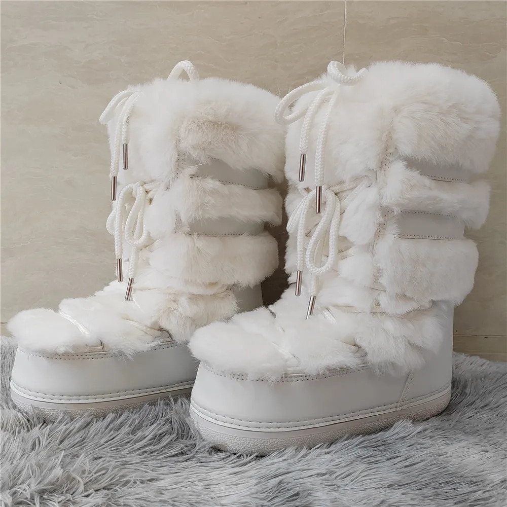 Womens artificial fur leather boots with middle claw strap waterproof platform snow boots for winter warm and comfortable womens pink ski boots 241113