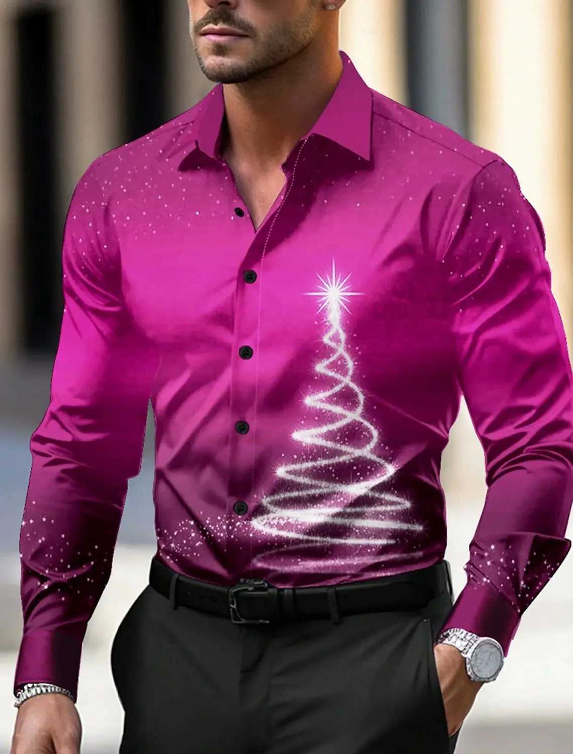 Christmas Theme Mens Christmas Trees Printed Shirts Snowflake Gradient Graphics Button Up Long Sleeve Shirts Fashion Tops ThinXJ24113