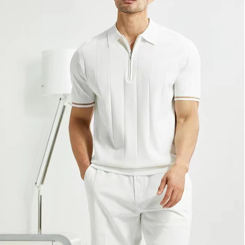 Summer mens clothing lapel zipper polo shirt fashionable business casual vertical line loose solid short sleeved thin top 2024 241113