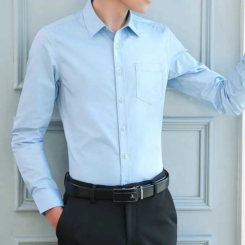 Men Solid Color Business Shirt Fashion Casual Slim White Long Sleeve Shirt Male Brand ClothesXJ24113
