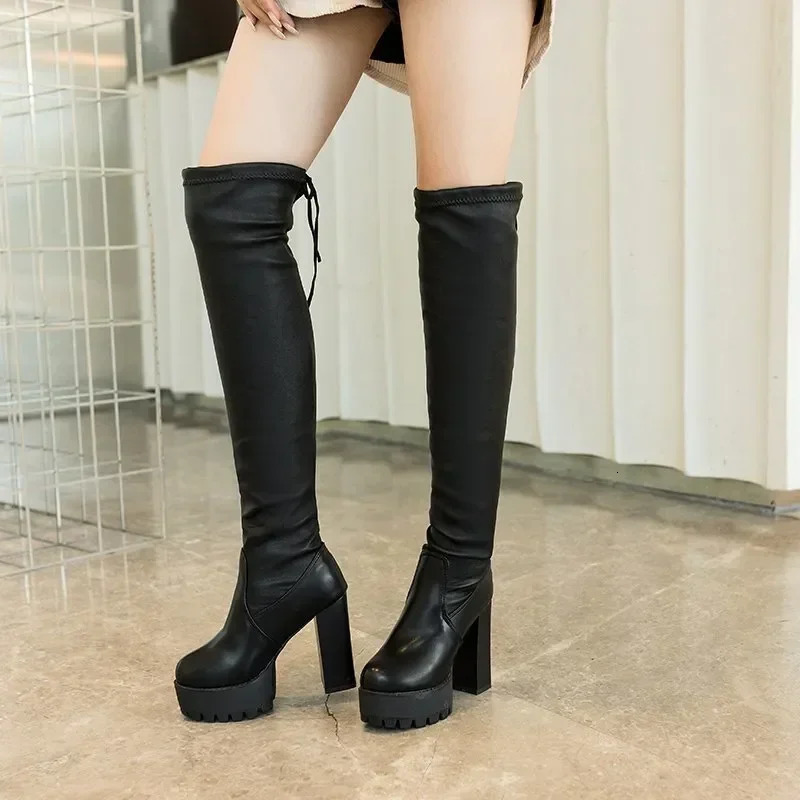 Winter sexy boots tight fitting knight suede round head combat women warm sliding over knees Botines De Mujer black long Botas 241113