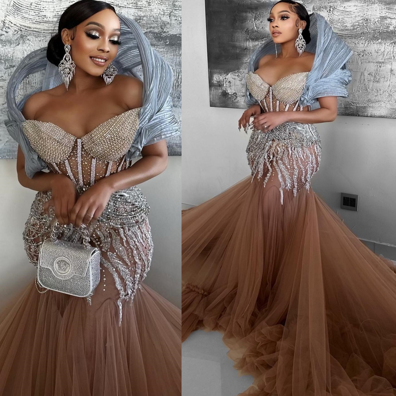 2024 Plus Size Champagne Mermaid Prom Dresses For Special Occasions Lace Beaded Crystals Transparent Evening Party Birthday Gowns Dress For Women Vest