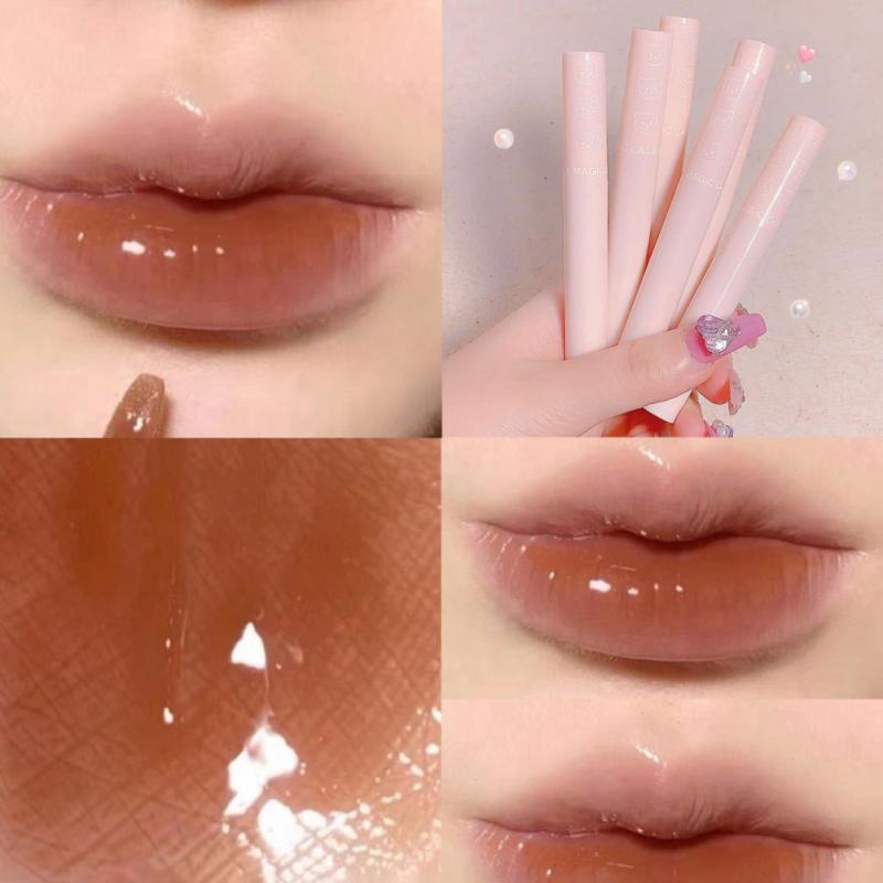 Mirror Water Lip Gloss Non-stick Cup Liquid Lipstick Set Beauty Cosmetics Cute Pink Lip Glaze Lasting Colored Lipstick
