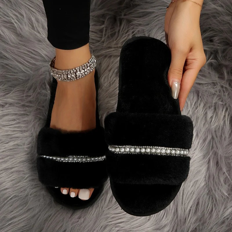 womens home slider fashion shiny rhinestone open shoelace indoor winter smooth casual indoor womens shoes 241113